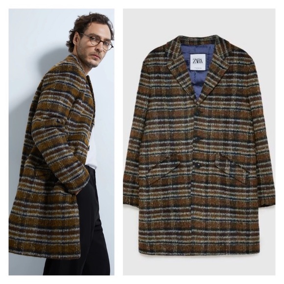 Zara Other - NWOT Zara Men’s Check Wool Blend Coat Puffer Lined in Brown/Navy